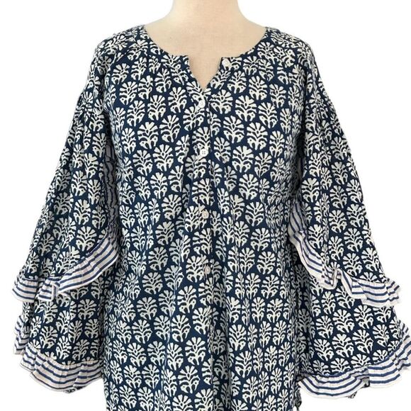 Madison Mathews OLIVE Shirt Palm fronds hand block small - Picture 2 of 10